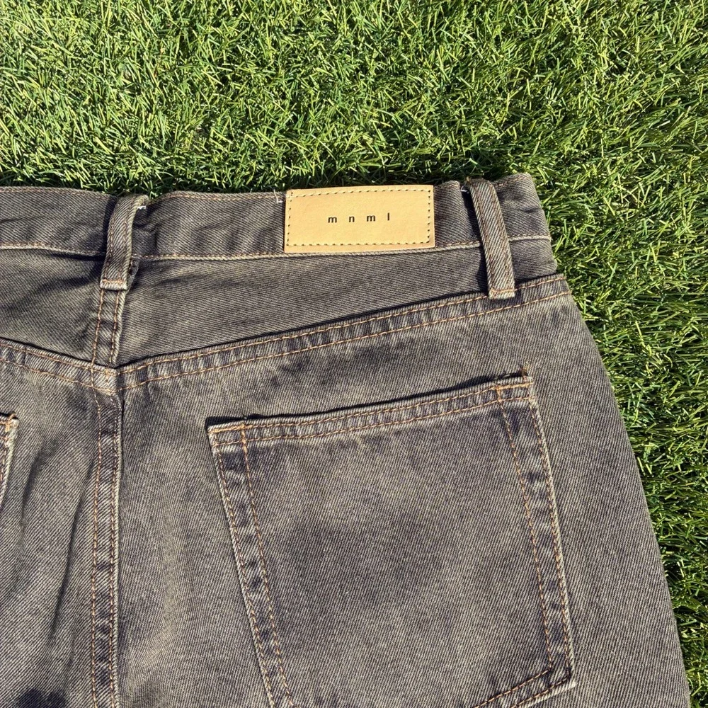 MNML Mens 31x31 Washed Dark Gray Flared Denim Jeans Raw Hem Button Fly